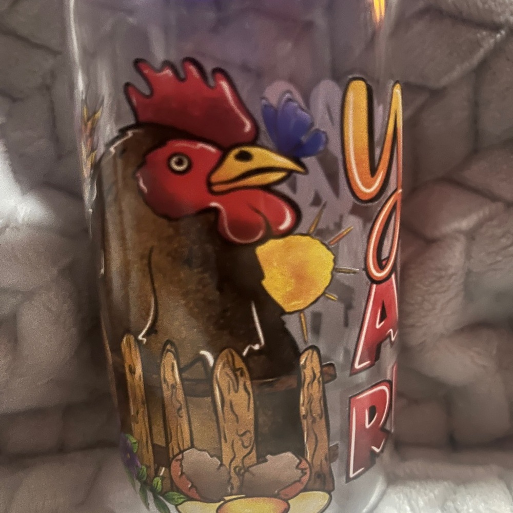 For sale 16 ounce rooster themed glass tumbler with acrylic lid and glass straw